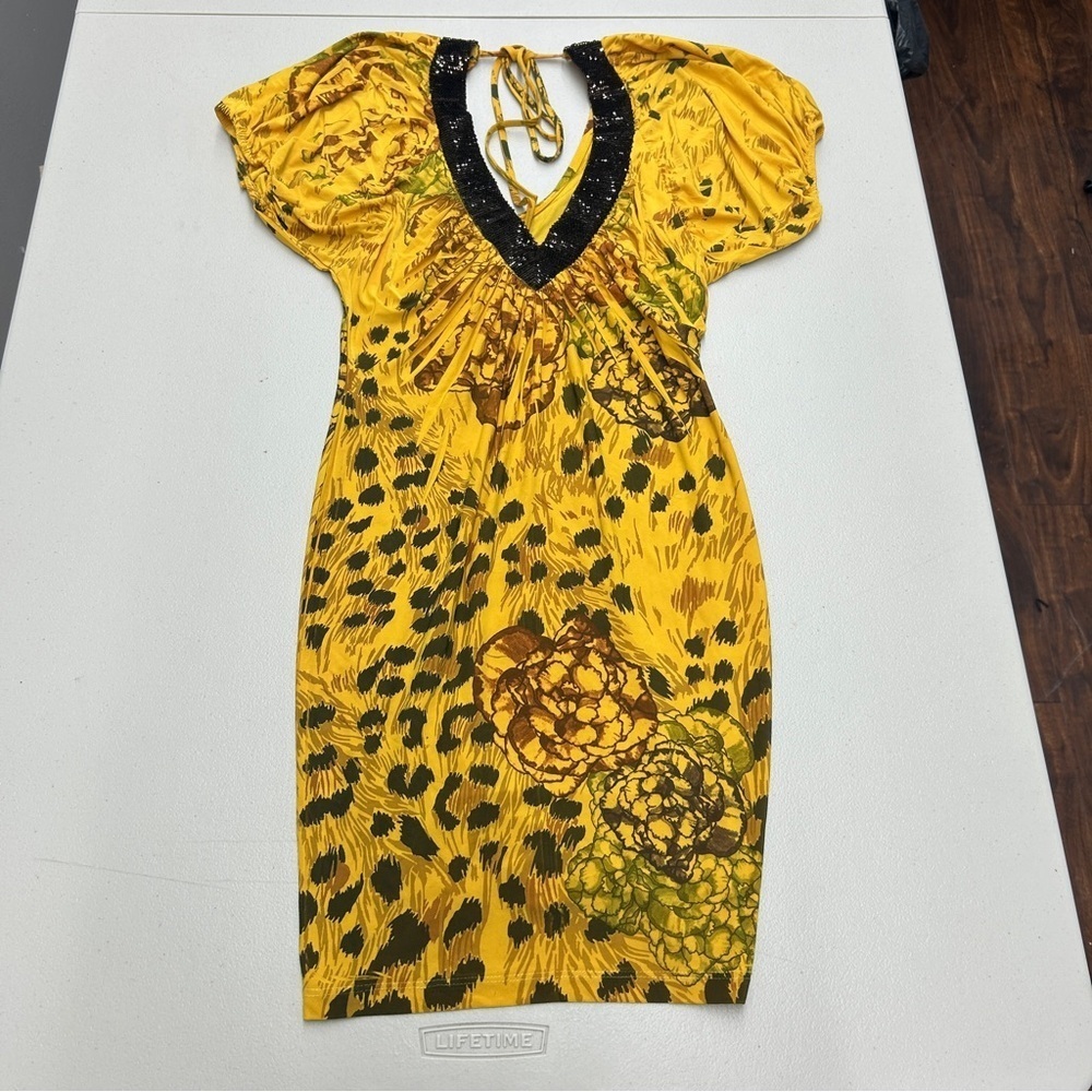 Yellow floral V-Neck Bodicon Dress size Small
